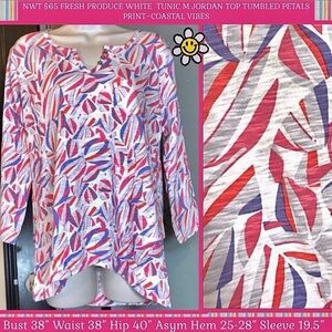 NWT $65 FRESH PRODUCE COTTON SOFT-WHITE TUNIC M TOP PETALS PRINT~COASTAL VIBE